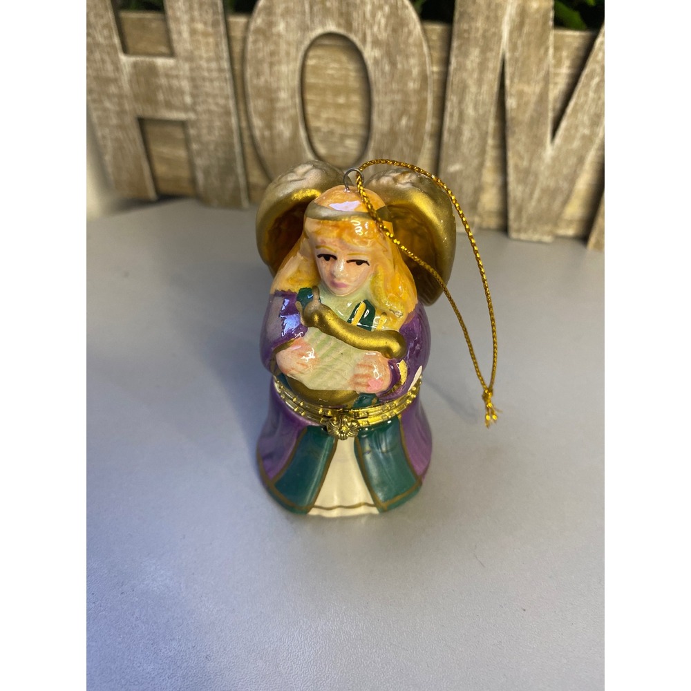 Vintage Ceramic Angel Music Box‎ Ornament Gold Wings Plays Music